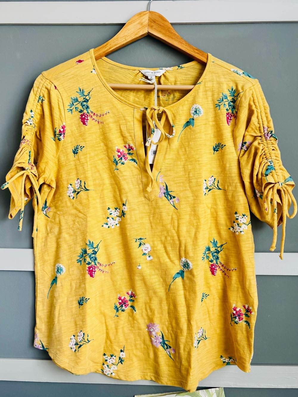 Lucky Brand Mustard Floral Tie-Sleeve Tunic